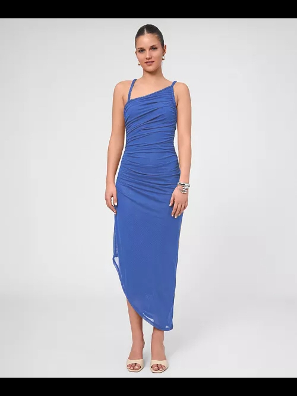 One-Shoulder Ruched Slip Dress in Cobalt Blue